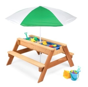 3-in-1 Kids Sand & Water Table Outdoor Wood Picnic Table w/ Umbrella, Green