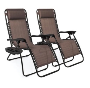 Set of 2 Adjustable Zero Gravity Patio Chair Recliners w/ Cup Holders, Brown