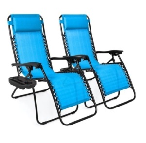 Set of 2 Adjustable Zero Gravity Patio Chair Recliners w/ Cup Holders, Aqua Blue