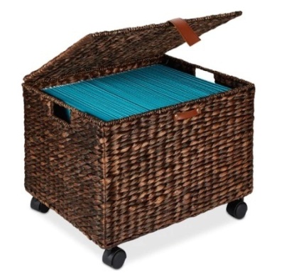 Mobile Water Hyacinth Rolling Filing Cabinet Storage Basket w/ Lid, Wheels, Brown