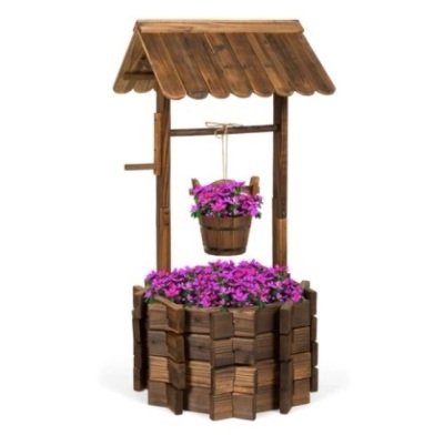 Rustic Wooden Wishing Well Planter Yard Decoration w/ Hanging Bucket