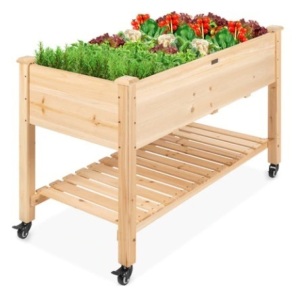 Mobile Raised Garden Bed Elevated Wood Planter w/ Wheels, Storage Shelf