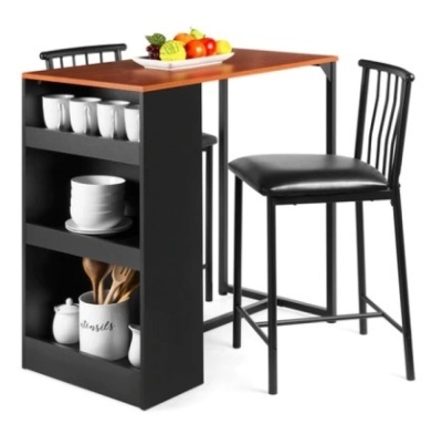 3-Piece Counter Height Kitchen Dining Table Set w/ Storage Shelves, Espresso