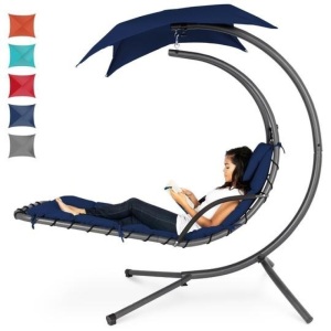 Hanging Curved Chaise Lounge Chair w/ Built-In Pillow, Removable Canopy. Appears New