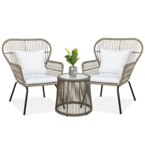 3-Piece Patio Wicker Conversation Bistro Set w/ 2 Chairs, Glass Top Table. Appears New. $399 Retail Value