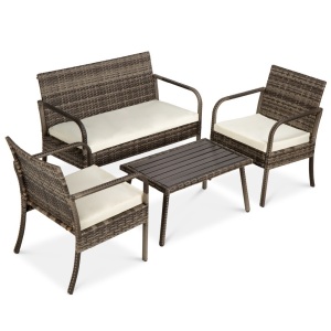 4-Piece Wicker Patio Conversation Set w/ 3 Chairs, Coffee Table, Weather-Resistant Cushions. Appears New