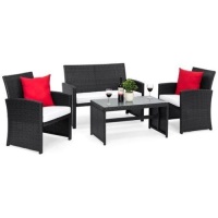 4-Piece Outdoor Wicker Conversation Patio Set w/ 4 Seats, Glass Table Top. Appears New