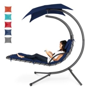 Hanging Curved Chaise Lounge Chair w/ Built-In Pillow & Removable Canopy, Navy Blue