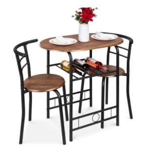 3-Piece Wooden Table & Chairs Dining Set w/ Lower Storage Shelf, Black/Brown