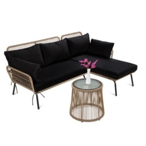 Rope Woven Sectional, L-Shape Sofa Set w/ Detachable Lounger & Table, Natural/Black