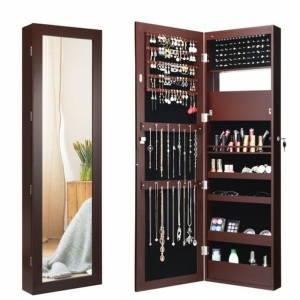 Lockable Wall Door Mounted Mirror Jewelry Cabinet w/ LED Lights