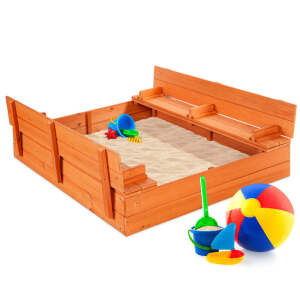 Kids Cedar Sandbox w/ Sand Screen, 2 Benches - 47x47in 