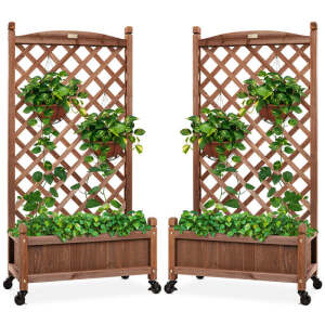 Set of 2 Wood Planter Box & Lattice Trellis w/ Optional Wheels - 48in 