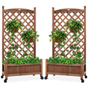 Set of 2 Wood Planter Box & Lattice Trellis w/ Optional Wheels - 48in 