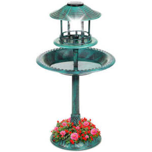 Solar Lighted Outdoor Pedestal Bird Bath w/ Planter, Decorative Bird Cage 