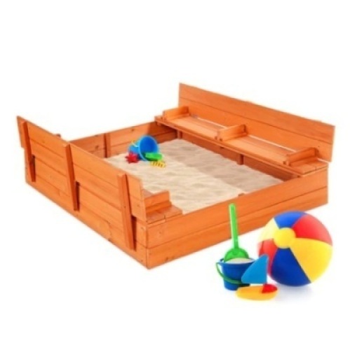 Kids Cedar Sandbox w/ Sand Screen &&nbsp;2 Benches,&nbsp;47x47in
