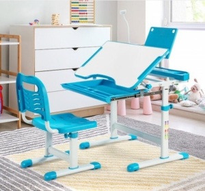 Height Adjustable Kids Study Table And Chair Set With Bookstand, Blue