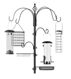 Bird Feeding Station, 6-Hook Steel Multi-Feeder Stand w/ 4 Feeders, 89in, Black