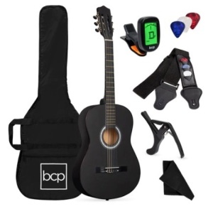 Beginner Acoustic Guitar Set w/ Case, Strap, Digital Tuner & Strings, 38in, Matte Black