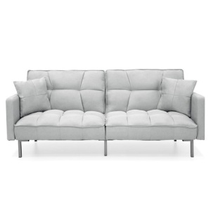 Convertible Linen Fabric Tufted Splitback Futon Couch w/ Pillows - Light Gray 