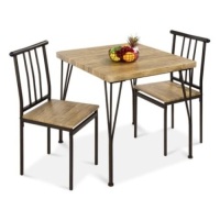 3-Piece Metal Wood Square Dining Table Furniture Set w/ 2 Chairs,&nbsp;Brown