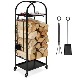 3-Tier Wrought Iron Firewood Log Rack w/ 4-Piece Tool Set, Wheels - 4ft