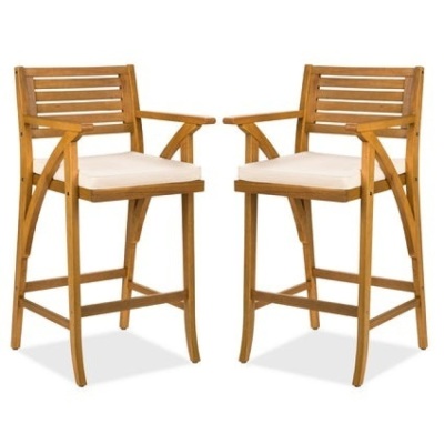 Set of 2 Outdoor Acacia Wood Bar Stools Chairs w/ Weather-Resistant Cushions 