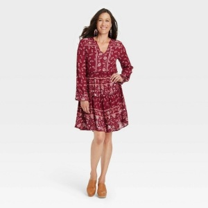 Case of (5) Knox Rose Women's Long Sleeve Red Floral Dress - Multiple Sizes 