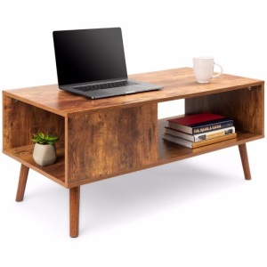 Wooden Mid-Century Modern Coffee Accent Table w/ Open Storage Shelf 