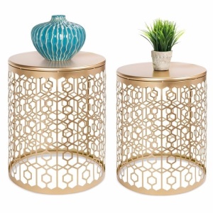 Set of 2 Decorative Round Side Accent Table Nightstands w/ Nesting Design 