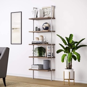 Nathan James Theo 5-Shelf Wood Modern Open Wall Mount Ladder Bookshelf with Industrial Metal Frame, Brown/White - E-Comm Return, Unknown Condition 