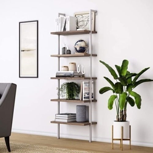 Nathan James Theo 5-Shelf Wood Modern&nbsp;Open Wall Mount Ladder Bookshelf with Industrial Metal Frame, Brown/White - E-Comm Return, Unknown Condition&nbsp;