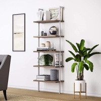 Nathan James Theo 5-Shelf Wood Modern&nbsp;Open Wall Mount Ladder Bookshelf with Industrial Metal Frame, Brown/White - E-Comm Return, Unknown Condition&nbsp;