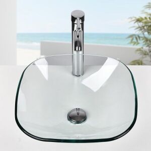 Transparent Tempered Glass Square Vessel Bathroom Sink with Faucet