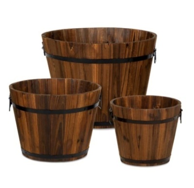 Set of 3 Rustic Wood Bucket Barrel Garden Planters Set