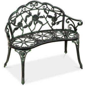 Steel Garden Bench Outdoor Patio Furniture w/ Floral Rose Accent - 39in 