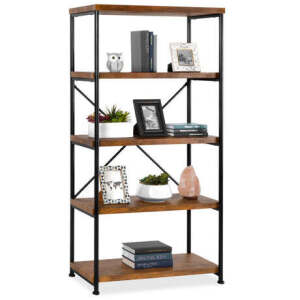 5-Tier Industrial Bookshelf w/ Metal Frame, Wood Shelves 