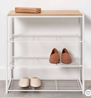 4 Tier Shoe Rack, White, Metal w/&nbsp;Natural Wood