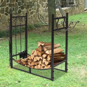 Patio Watcher 3' Firewood Rack with Kindling Holder, Heavy Duty Steel, Black - Missing Hardware, E-Comm Return