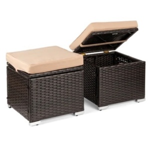 Set of 2 Wicker Ottomans, Brown/Beige