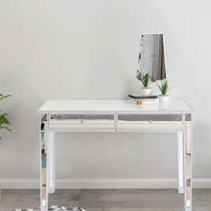 Goujxcy Mirrored Makeup Table Desk with 2 Drawers, Smooth Silver Finish - E-Comm Return, Appears New 