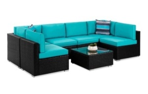 7-Piece Modular Wicker Sectional Conversation Set, Black/Teal