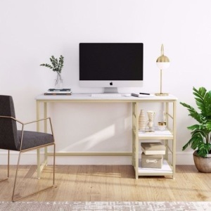 Tribesigns 55" Computer Desk with 2-Tier Storage Shelves, Faux Marble, White and Gold - E-Comm Return, Appears New in Damaged Box