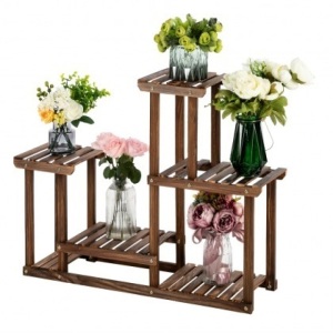 Artisasset 4-Story 7-Seat Indoor And Outdoor Multi-Function Carbonized Wood Plant Stand - E-Comm Return, Appears New in Damaged Box