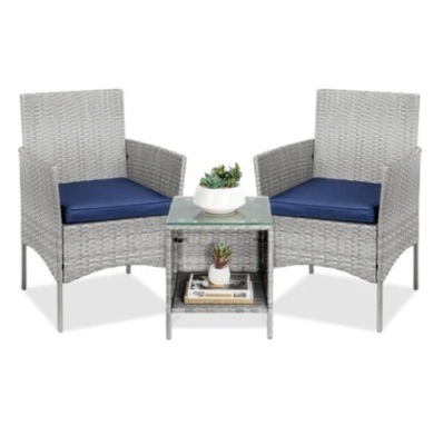 3-Piece Outdoor Patio Wicker Bistro Set, Gray/Navy