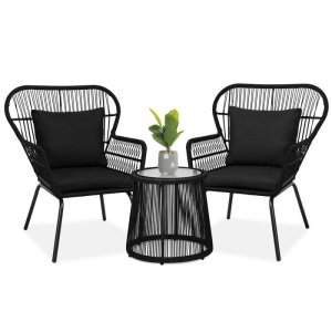 3-Piece Patio Wicker Conversation Bistro Set w/ 2 Chairs, Glass Top Table 