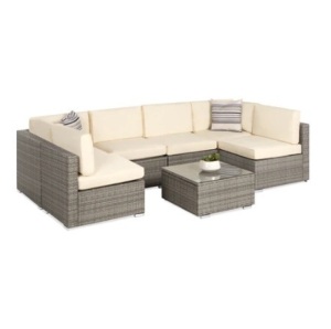 7-Piece Modular Wicker Sectional Set, Gray/Cream