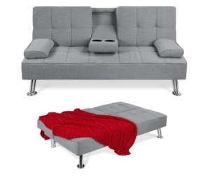 Linen Upholstered Convertible Sofa Bed Futon w/ 2 Cupholders, Gray, Appears New