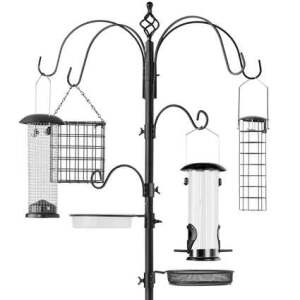 Bird Feeding Station, 6-Hook Steel Multi-Feeder Stand w/ 4 Feeders - 89in 