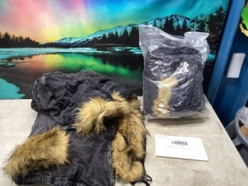 &nbsp;Lot of (2)&nbsp;Womens Military Denim Hooded Warm Winter Coats Faux Fur Lined Parkas, Size: XXL and S